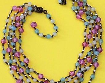 Signed  Miriam Haskell Gilt Pink Blue Art Glass 5 Strand Necklace