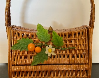 Vintage wicker handbag purse with fruit, flowers and leaves