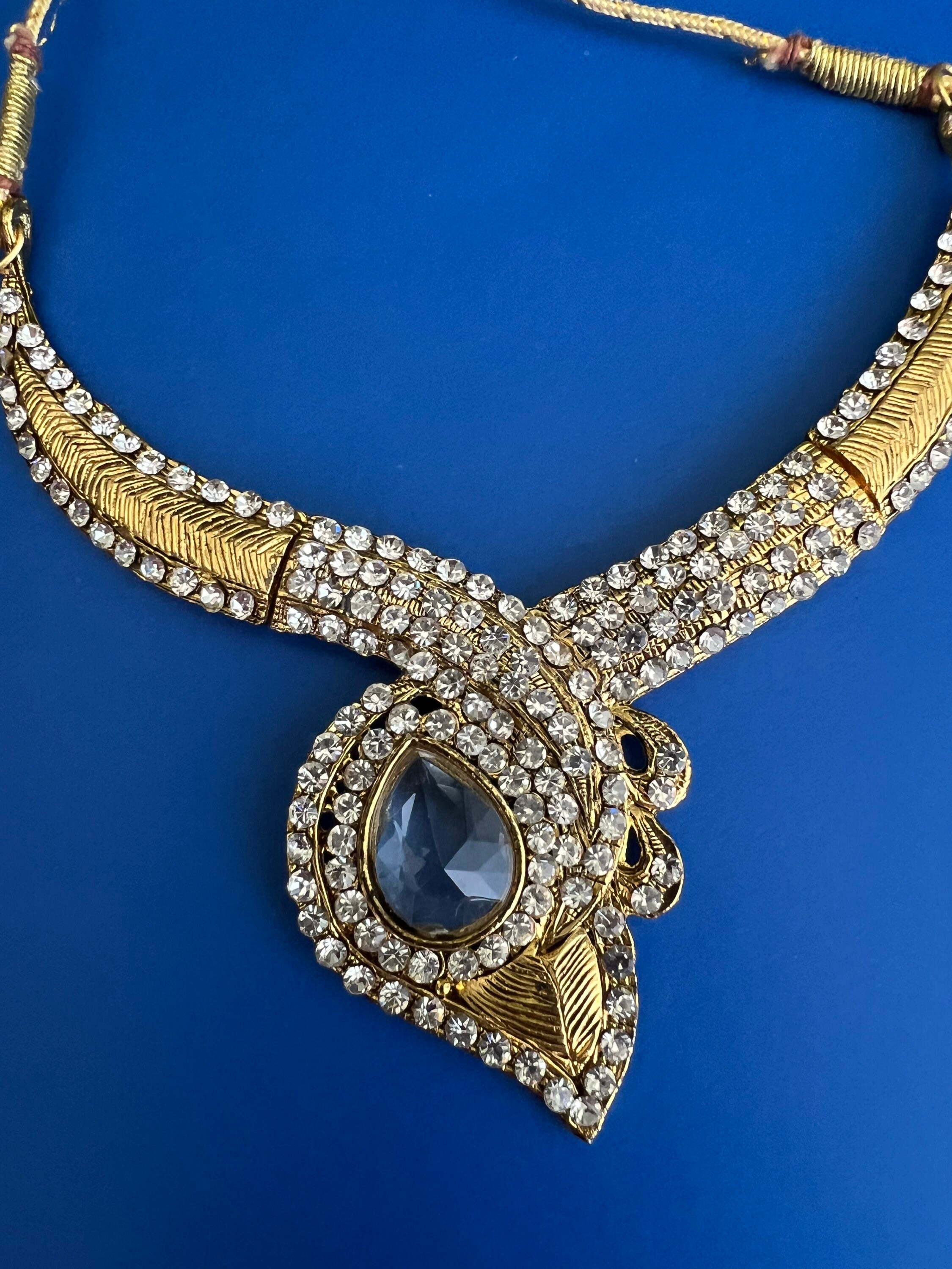 Vintage adjustable cord gold tone and rhinestone choker necklace