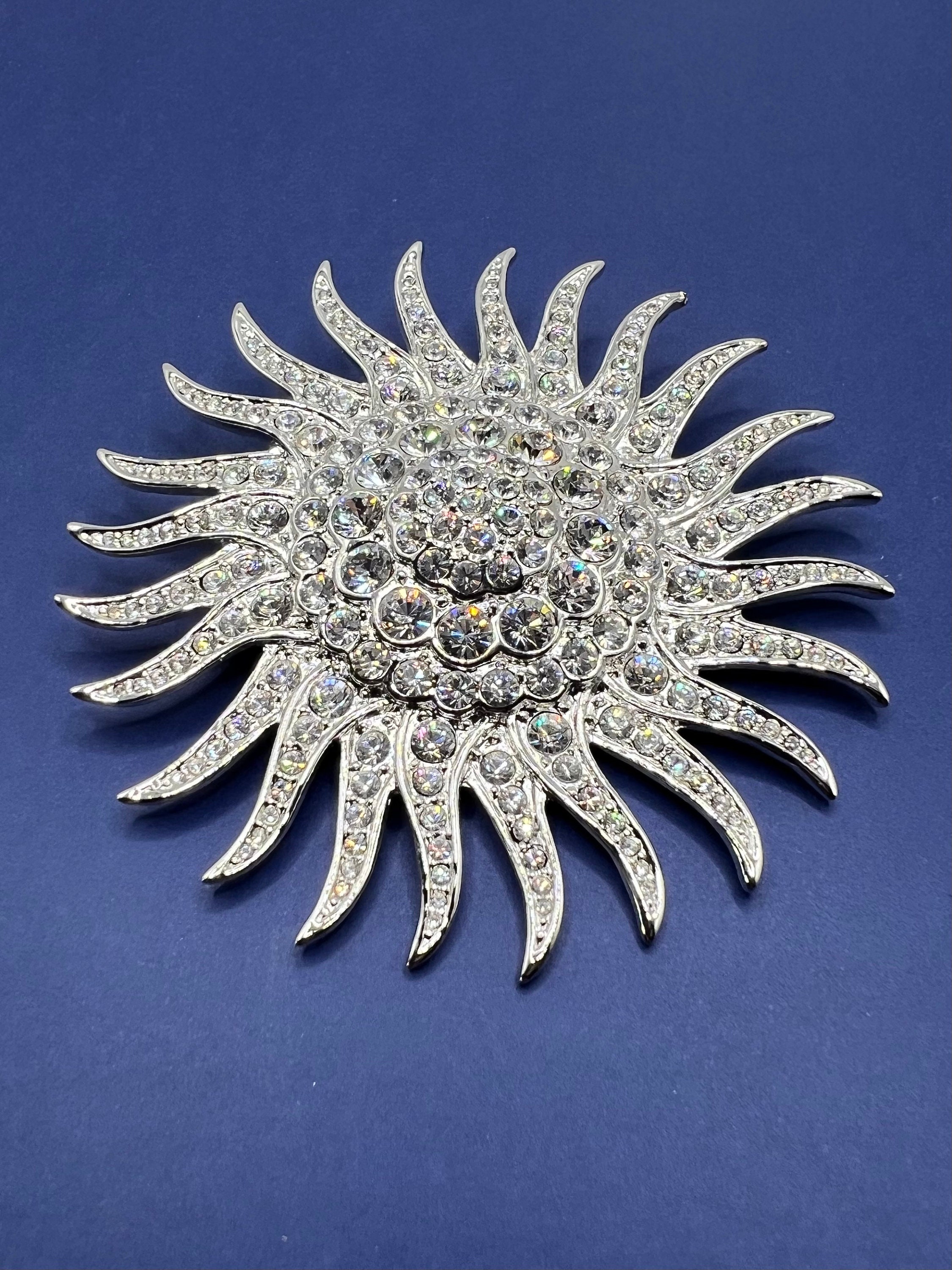 Vintage JBK Jacqueline Kennedy Rhinestone Sunburst Flower Silver