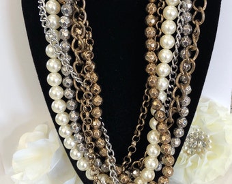 Conjunto de collar y pulsera de perlas de metales mixtos