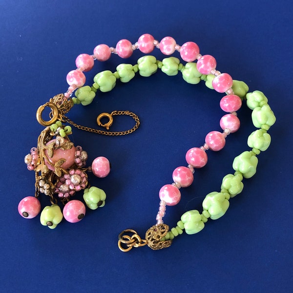 Signed Miriam Haskell Green & Pink Glass Beaded Bracelet