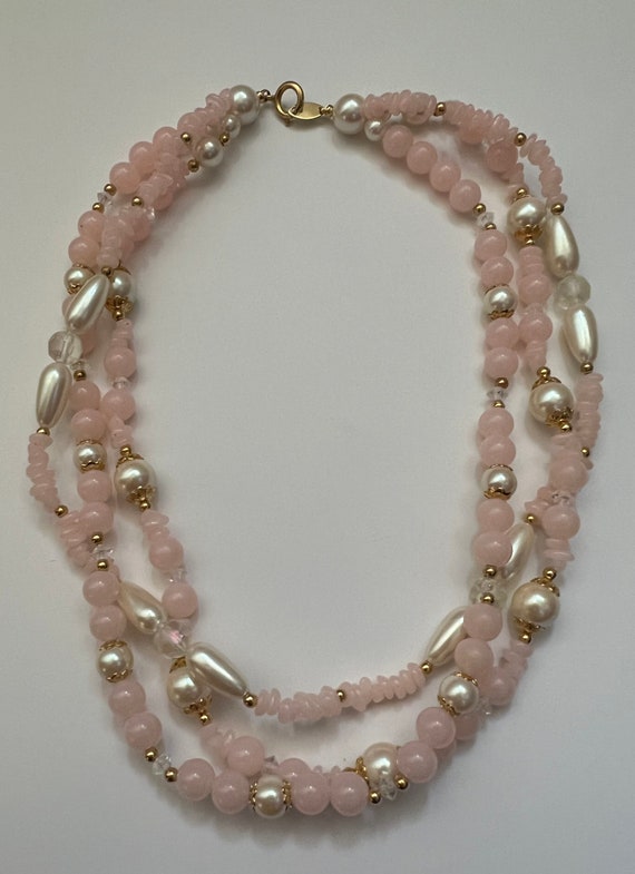 Vintage Trifari signed 3 strand beaded light pink… - image 6