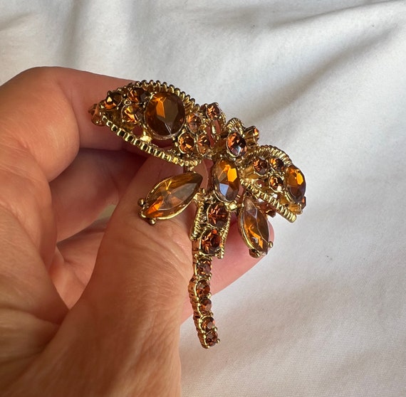 Vintage Dragonfly Amber topaz colored rhinestones… - image 7