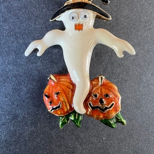 Vintage SFJ Halloween Ghost pumpkin googly eyes enamel brooch pin