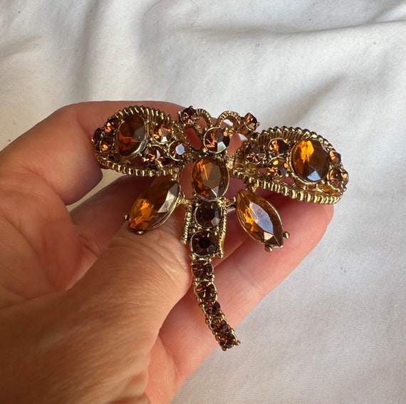 Vintage Dragonfly Amber topaz colored rhinestones… - image 8