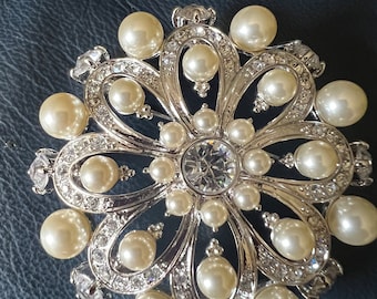 Vintage Rare signed Nolan Miller silver tone faux pearl and crystal brooch