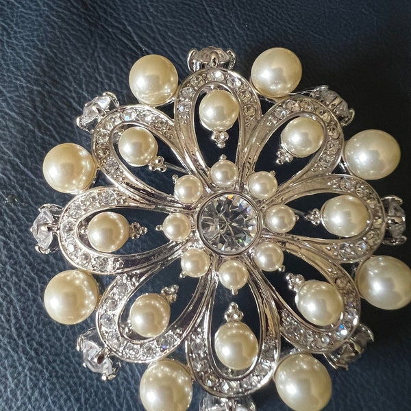 Vintage Rare signed Nolan Miller silver tone faux pearl and crystal brooch