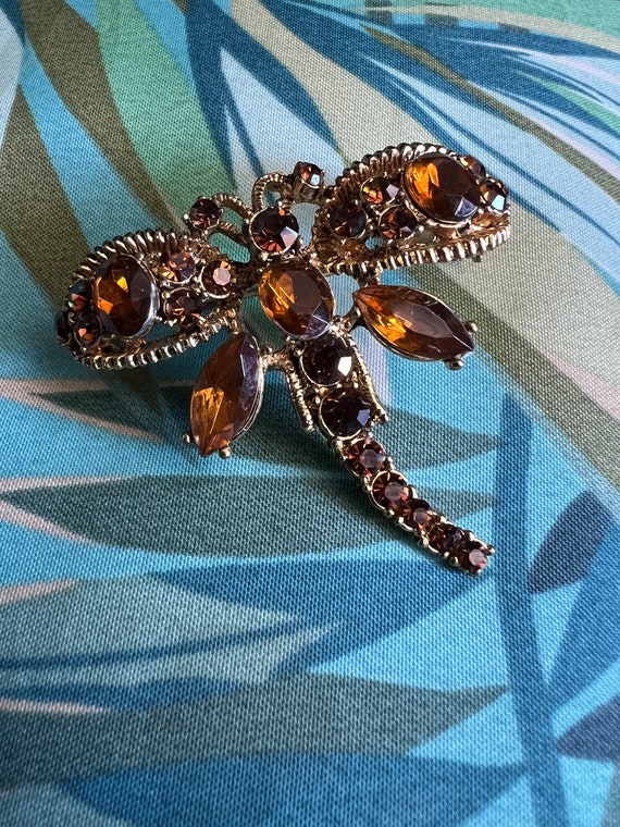 Vintage Dragonfly Amber topaz colored rhinestones… - image 1