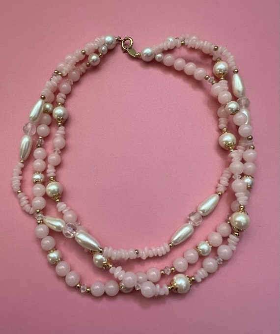 Vintage Trifari signed 3 strand beaded light pink… - image 2