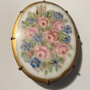 Vintage Victorian Porcelain Hand painted Pink Rose flower brooch pin
