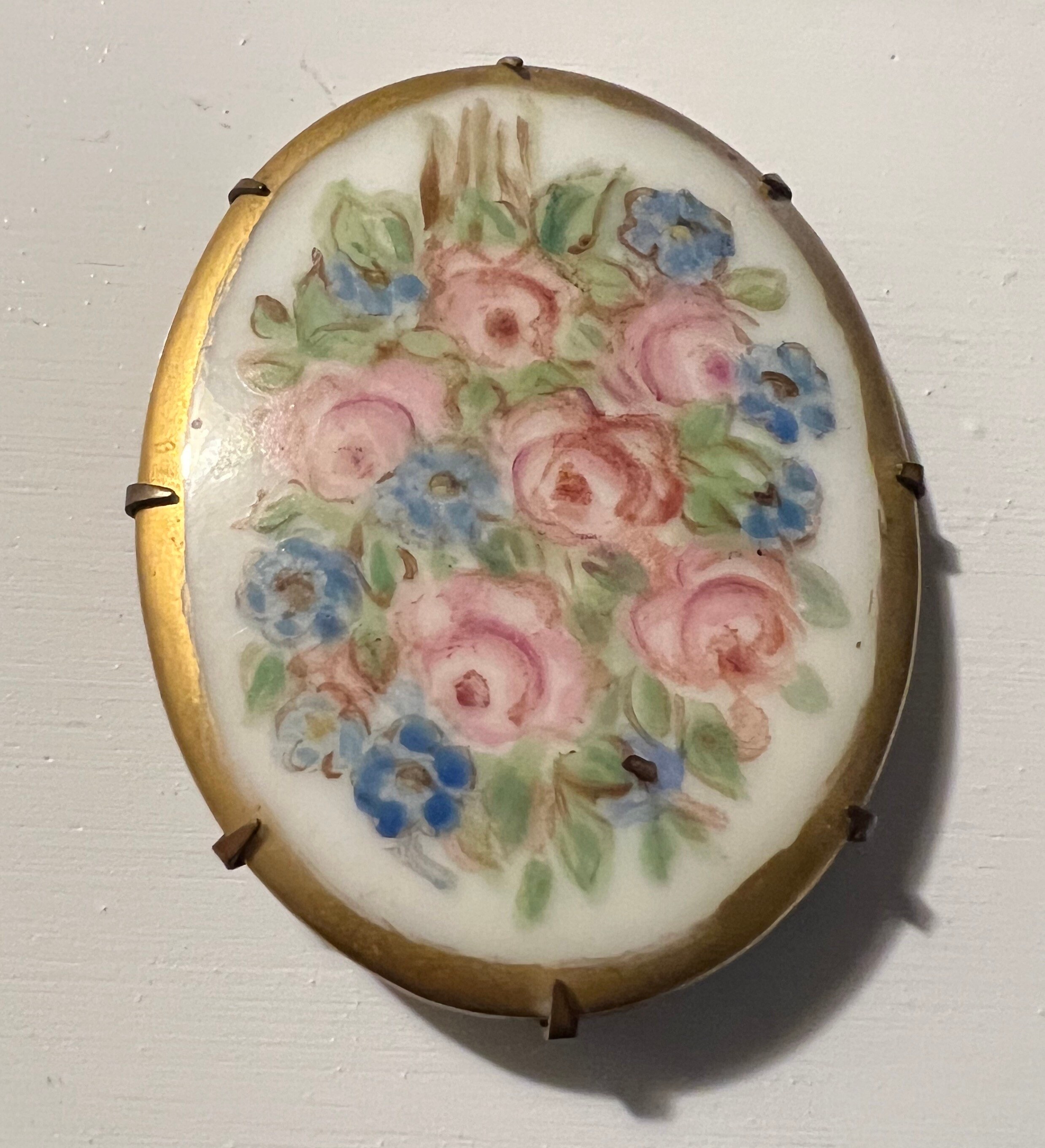Jolie Broche Années 50 En Porcelaine - Décor Floral - Vintage
