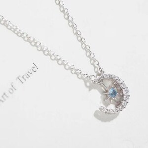 Blue Topaz Necklace Diamond Moon Pendant Sterling Silver | Etsy
