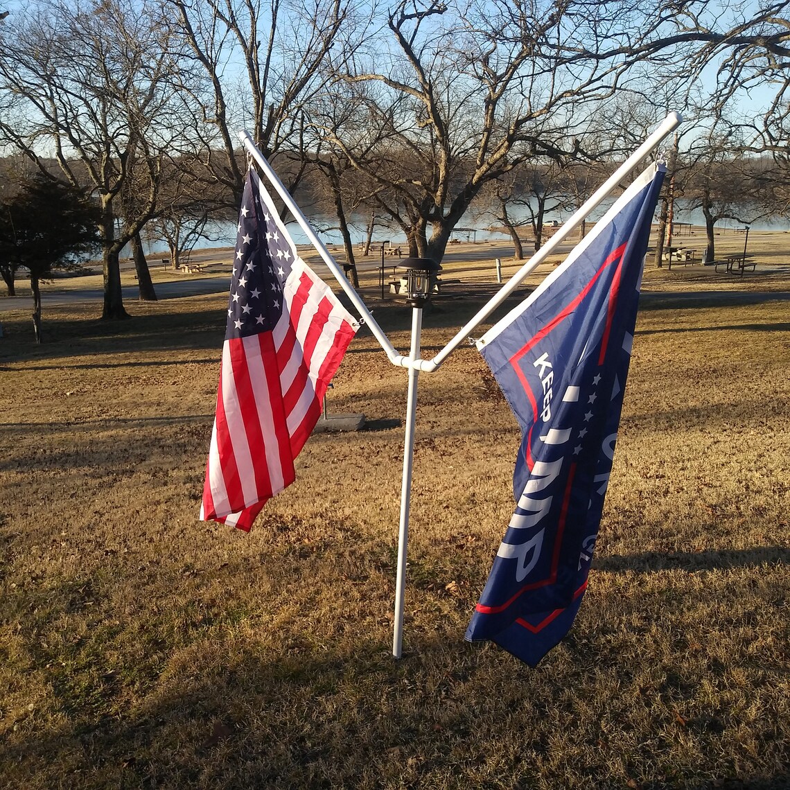 1 Inch RV Camping Light Rotating Heavy PVC Double Flag Pole Main Base Pole Has Reinforced Insert