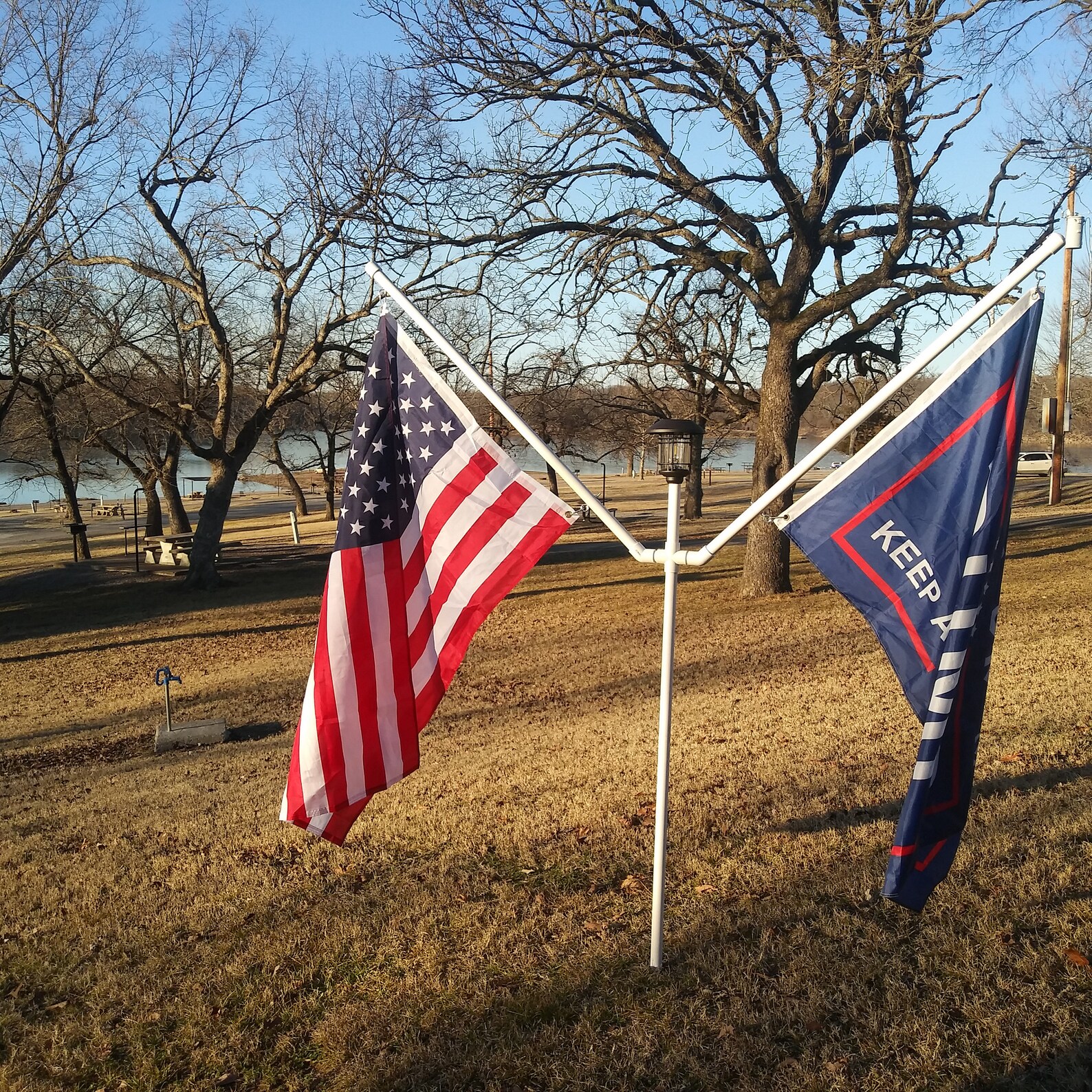 1 Inch RV Camping Light Rotating Heavy PVC Double Flag Pole Main Base Pole Has Reinforced Insert