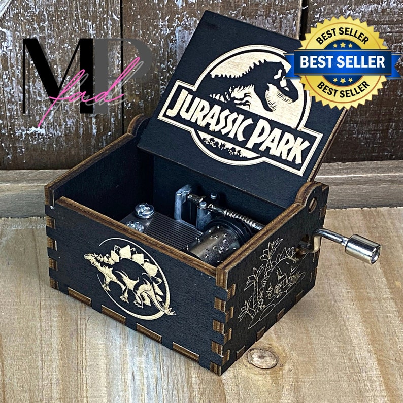 JURASSIC PARK Music Box Wood Manual Crank Engraved Personalize Custom Birthday Anniversary Unique Gift Engagement Gift Wedding Handmade V.1 