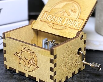 Jurassic Park Music Box Handmade Wooden Manual Hand Crank Engrave Custom Personalize Unique Keepsake Idea Gift Birthday Wedding Anniversary