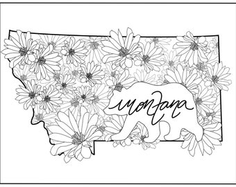 State Coloring Page, Montana, Flowers, State Flower, Animal, State Animal, USA Coloring Page, Digital Download, Digital Coloring Page