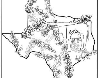 state coloring page, Texas, flowers, state flower, animal, state animal, USA coloring pages, digital download, digital coloring pages
