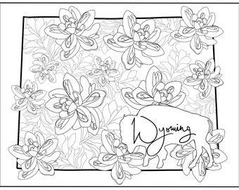 State Coloring Page, Wyoming, Flowers, State Flowers, Animal, State Animal, USA Coloring Pages, Digital Download, Digital Coloring Pages