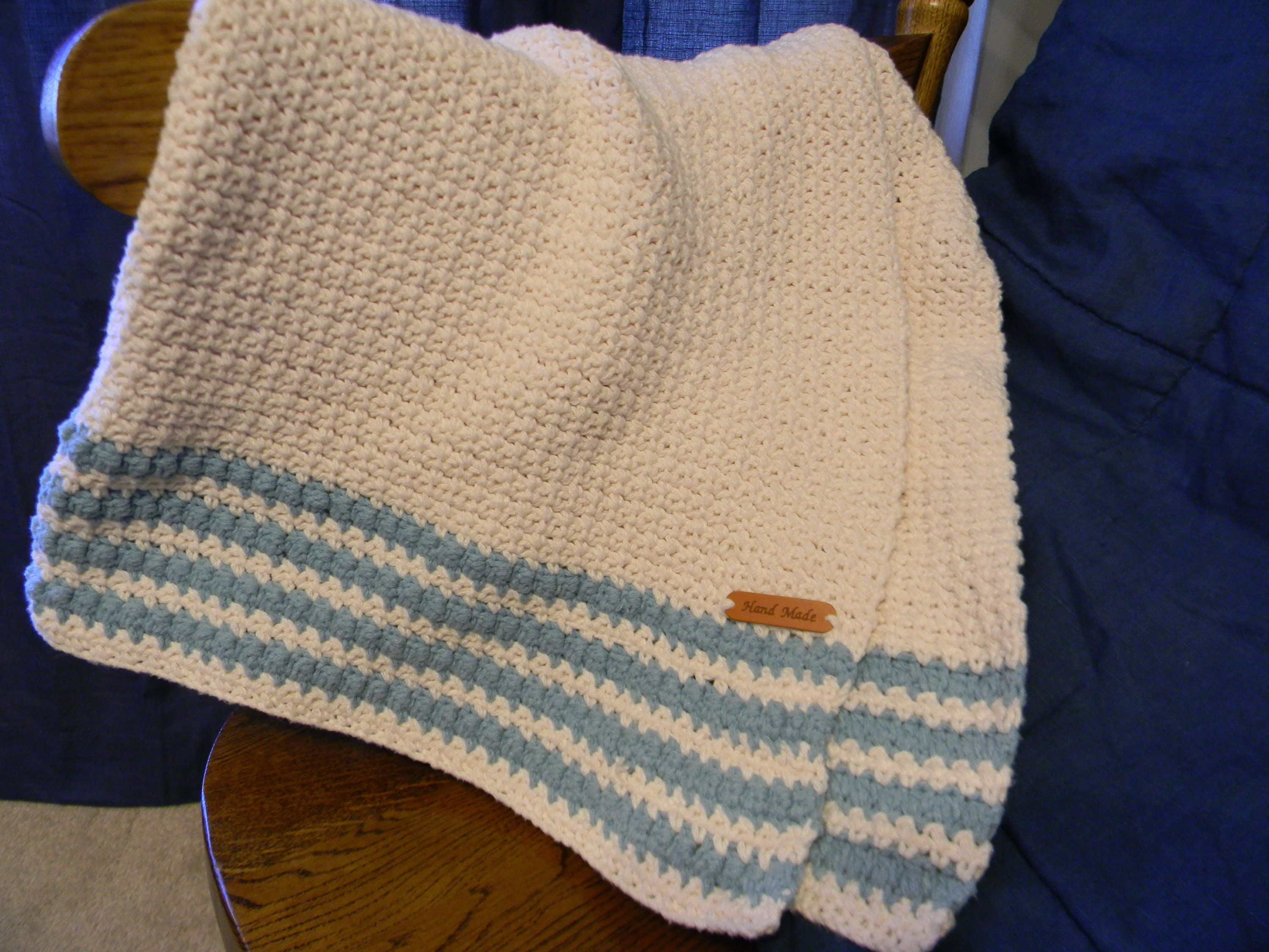 Baby Blanket Ivory and Blue Hand Crocheted Bobble and Mesh Stitch