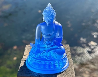 Amitabha Buddha Statue, Pate-de-verre, Hand Made Blue Crystal Glass.