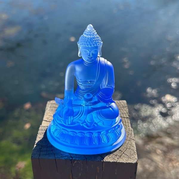 Amitabha Buddha Statue, Pate-de-verre, Hand Made Blue Crystal Glass.