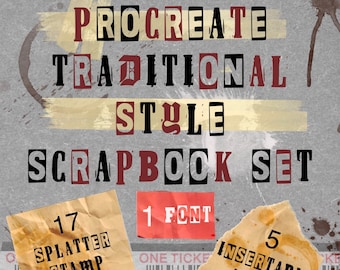 Traditional Art Style Brush Set Stamps and Font for Procreate Digital Download Grunge Splatters Concept Painting Comic Ink Distressed Scrap