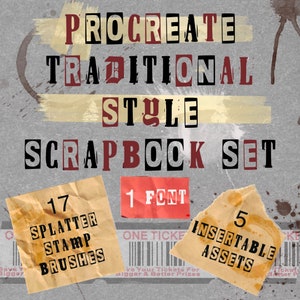 Pode incluir: Um conjunto de scrapbooking digital com uma fonte de estilo tradicional, 17 pincéis de carimbo de respingo e 5 ativos inseríveis. O conjunto é projetado para uso com o aplicativo Procreate.
