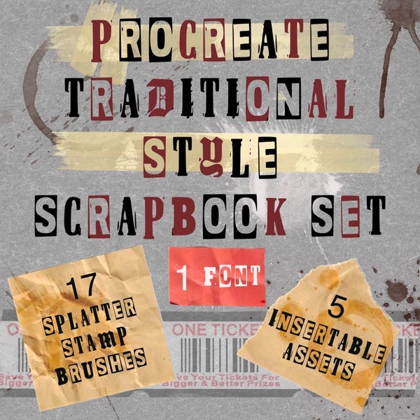 Traditional Art Style Brush Set Stamps and Font for Procreate Digital Download Grunge Splatters Concept Painting Comic Ink Distressed Scrap