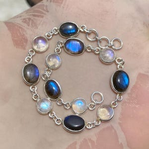 Genuine Moonstone & Labradorite Bracelet, 925 Sterling Silver Bracelet, Hand Bracelet, Birthstone Jewelry Bracelet, Fire Moonstone Bracelet