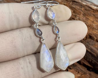Natural Moonstone Dangle Earrings: 925 Sterling Silver, 1.2" Length