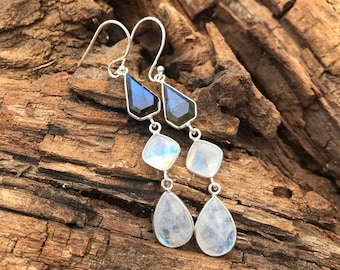Pendientes de piedra lunar de labradorita hechos a mano: pendientes colgantes de plata de ley