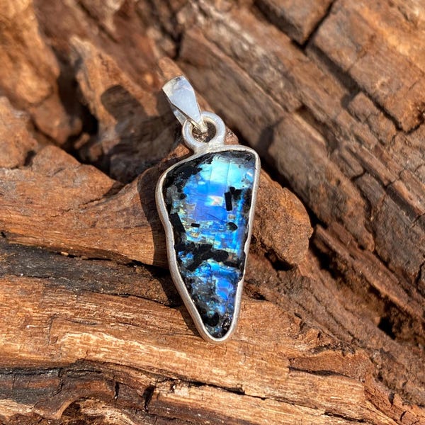 Raw Rainbow Moonstone Pendant, Sterling Silver Pendant, Birthstone Pendant, Handmade Gemstone Pendant, For Gift