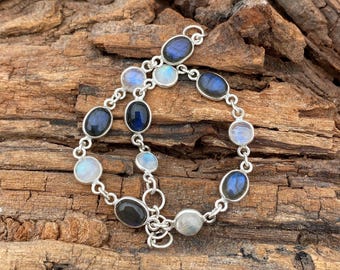 Bracelet pierre de lune et labradorite : argent sterling 925, 20 pouces