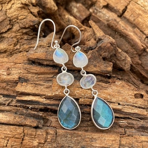 Moonstone With Labradorite Gemstone Earring , Statement Earring , Dangle Drop Earring , 925 Sterling Silver Earring , Solid Silver Earring