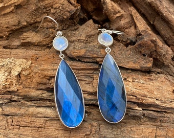 Genuine Labradorite - Moonstone Earring, Handmade Gemstone Earring, 925 Sterling Silver Earring, Solid Silver Earring, Statement Earring