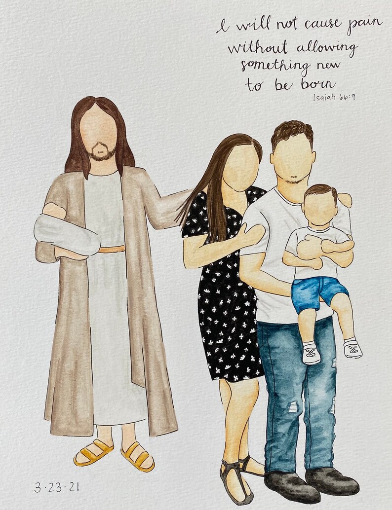 Infant Loss Loss of Family Member Custom Handmade Watercolor Family Portrait with Christ