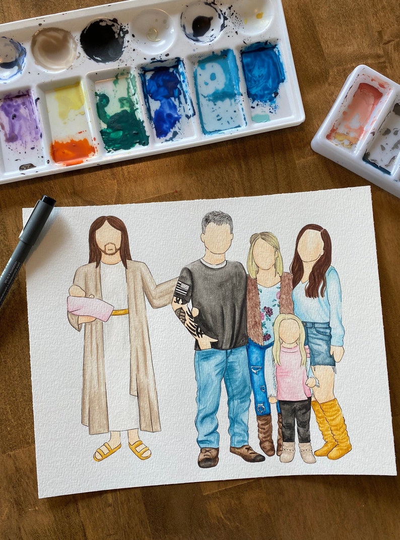 Infant Loss Loss of Family Member Custom Handmade Watercolor Family Portrait with Christ