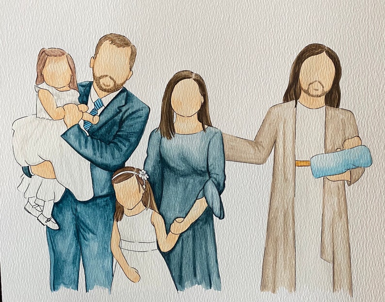 Infant Loss Loss of Family Member Custom Handmade Watercolor Family Portrait with Christ