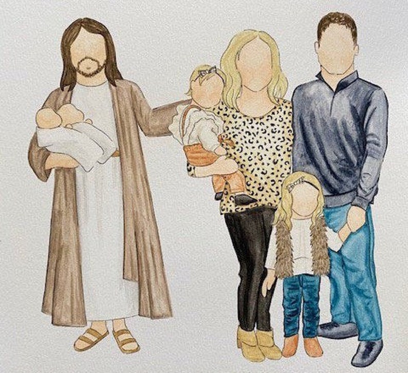 Infant Loss Loss of Family Member Custom Handmade Watercolor Family Portrait with Christ