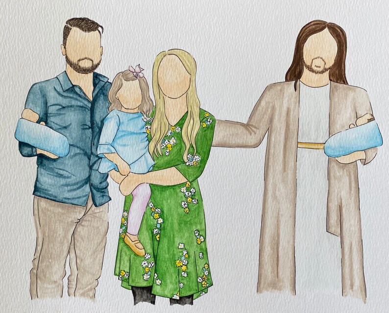 Infant Loss Loss of Family Member Custom Handmade Watercolor Family Portrait with Christ