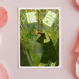 May include: A green and yellow graphic print of a person with a bloody wound on their neck. The text "THE END" is above the person and the text "GO AWAY" is above the text "THE END".