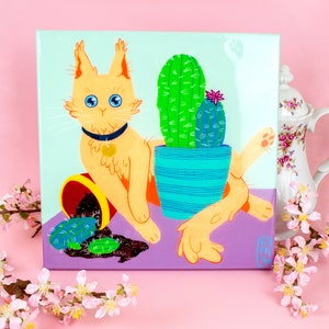 Silly orange Cat and her cactus, Posca on canvas