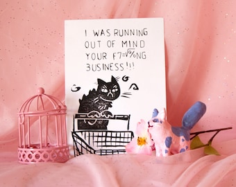 Mind your fucking business, postcard with cats linoprint