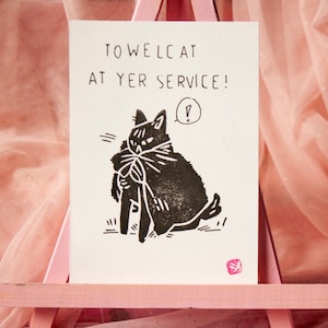 Toalha Gato ao seu serviço, cartão postal com estampa linóleo de gatos