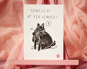 Towel Cat at your service, postcard with cats lino print