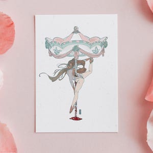 May include: A woman in a white leotard is suspended upside down from a carousel. She is holding onto the carousel with her hands and her legs are spread apart. Blood is dripping from the carousel onto the white background.