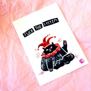 Fuck the System, Postkarte mit Katzen Linoldruck