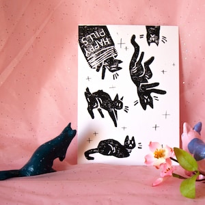 Happy Pills, carte postale avec impression lino de chats